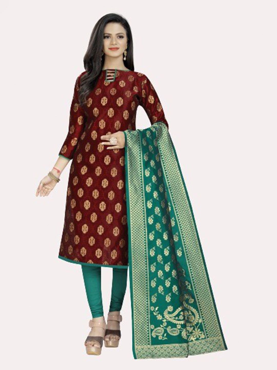 MORLY women  Maroon & Green Dupion Silk Unstitched Dress Material Price in India