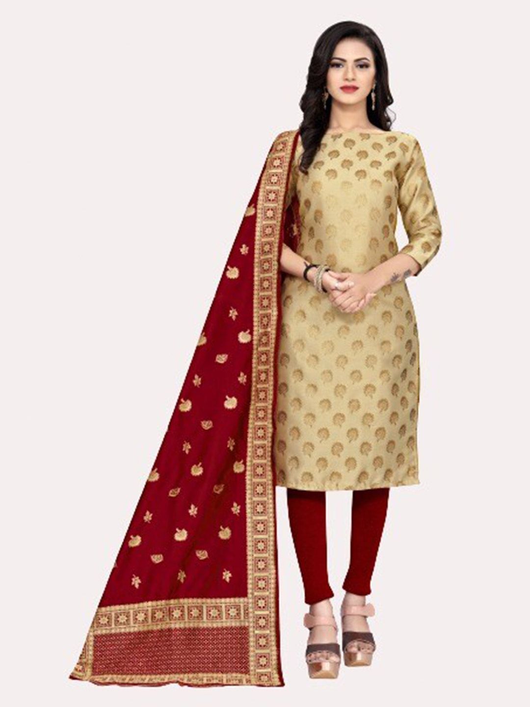 MORLY Women Beige & Red Dupion Silk Unstitched Dress Material Price in India