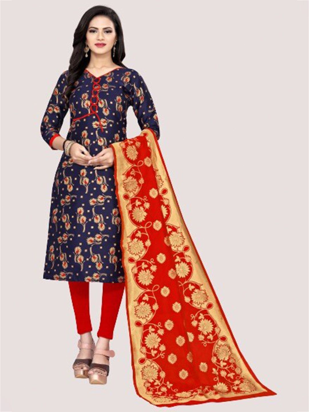 MORLY Women Blue & Red Dupion Silk Unstitched Dress Material Price in India