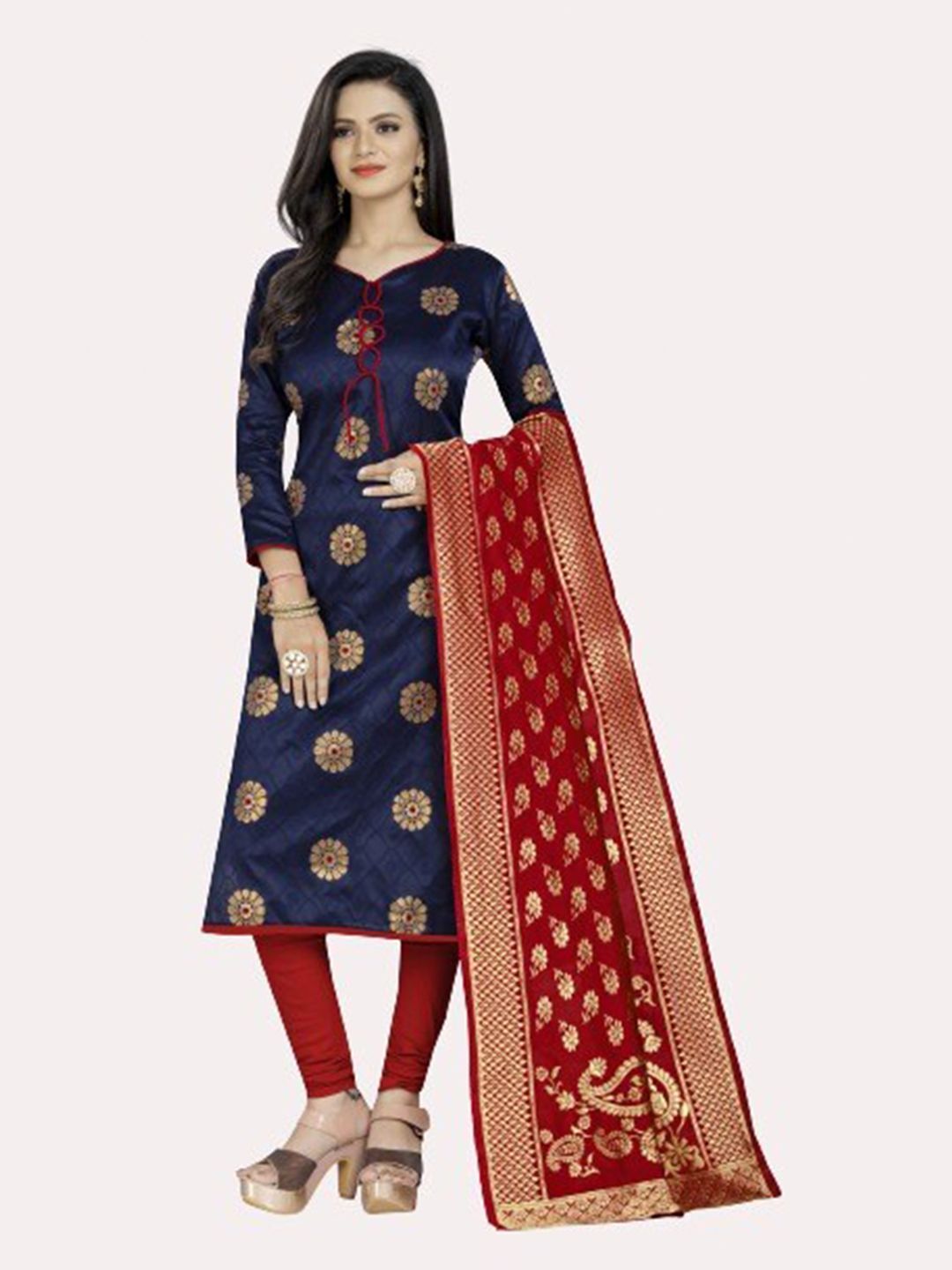 MORLY Women Blue & Red Dupion Silk Unstitched Dress Material Price in India