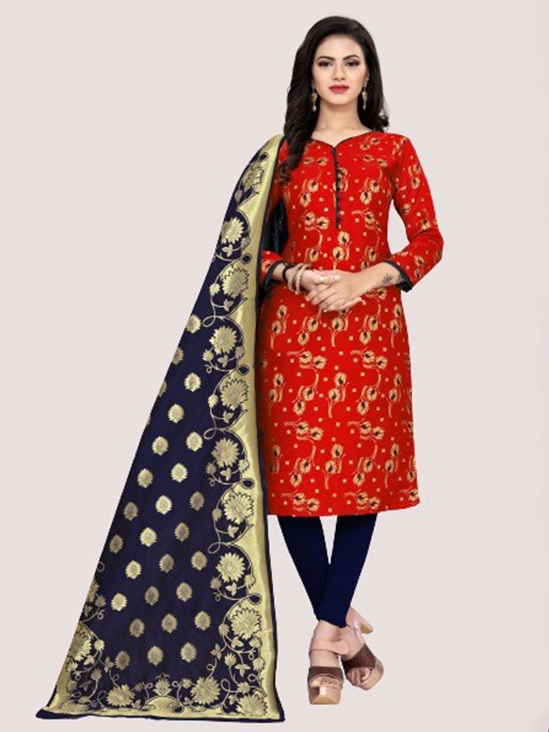 MORLY Women Red & Navy Blue Dupion Silk Unstitched Dress Material Price in India