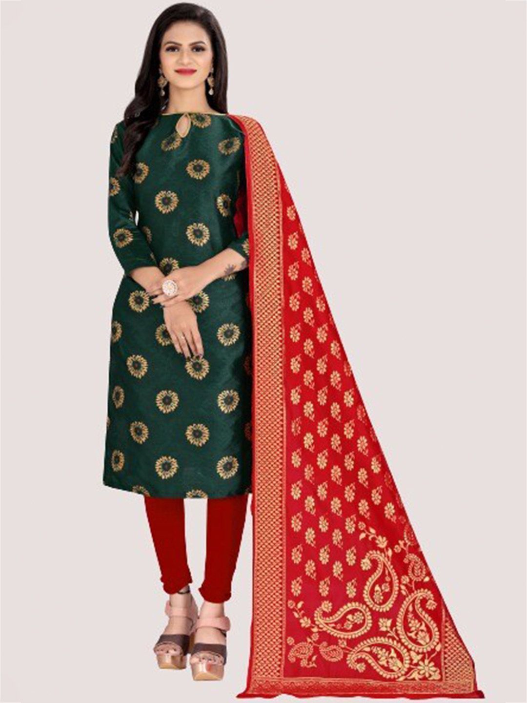 MORLY Women  Green & Red Dupion Silk Unstitched Dress Material Price in India