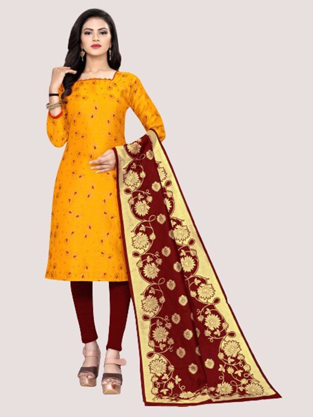 MORLY Women Yellow & Red Dupion Silk Unstitched Dress Material Price in India