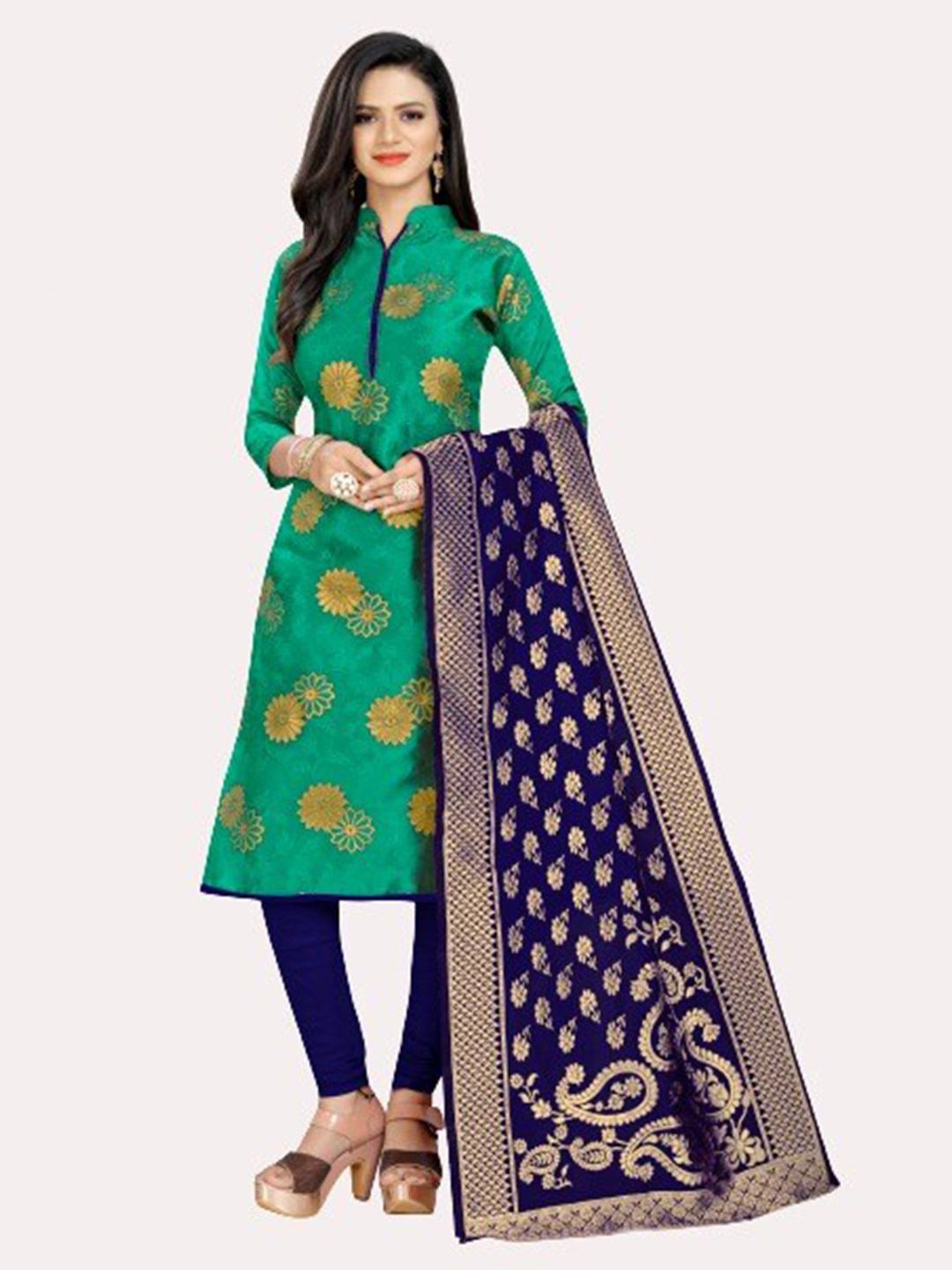 MORLY Sea Green & Blue Dupion Silk Unstitched Dress Material Price in India