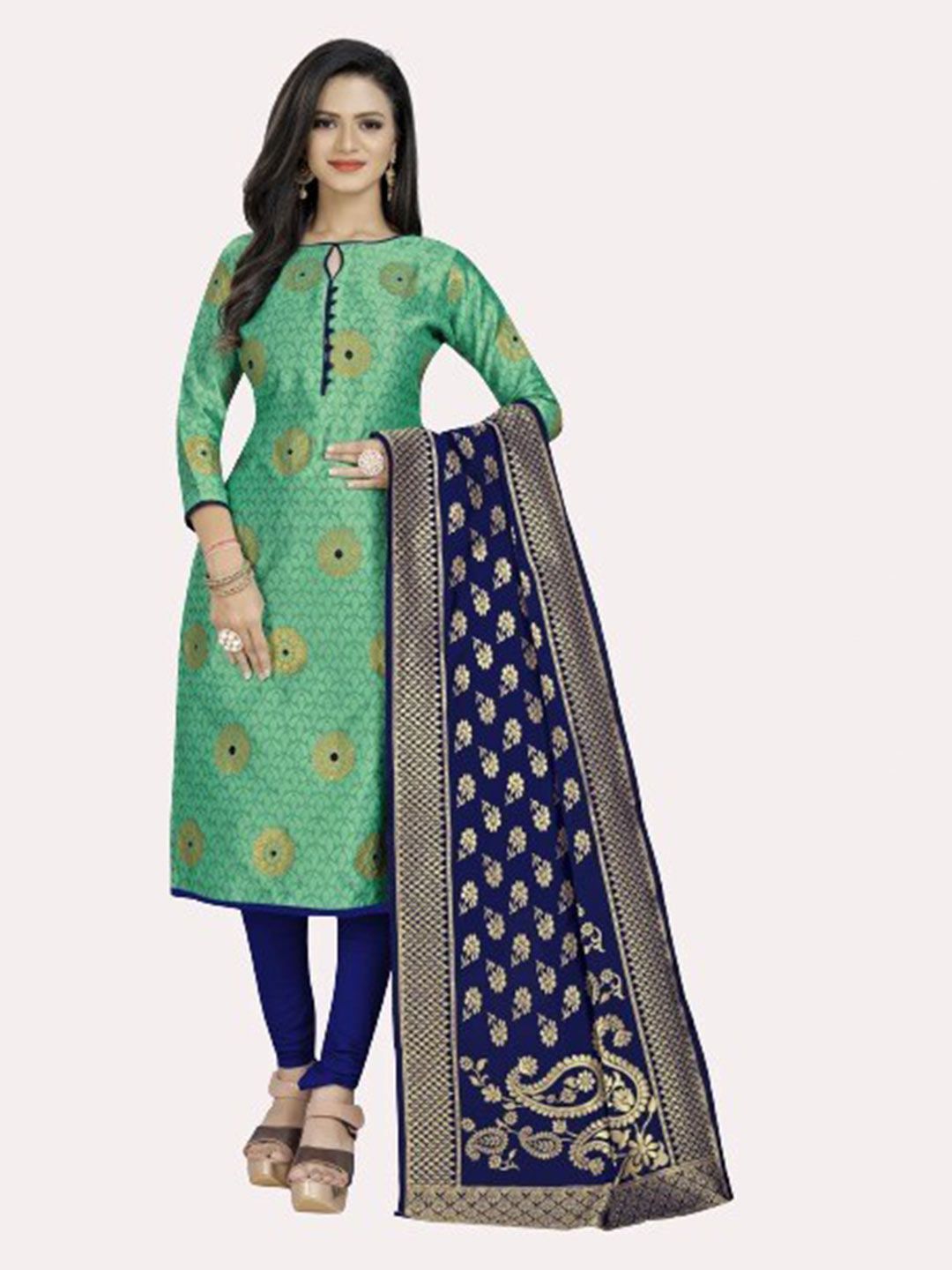 MORLY Sea Green & Blue Dupion Silk Unstitched Dress Material Price in India