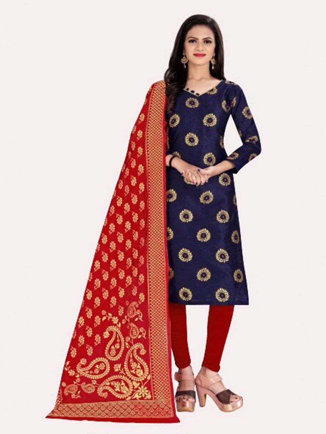 MORLY Women Blue & Red Dupion Silk Unstitched Dress Material Price in India