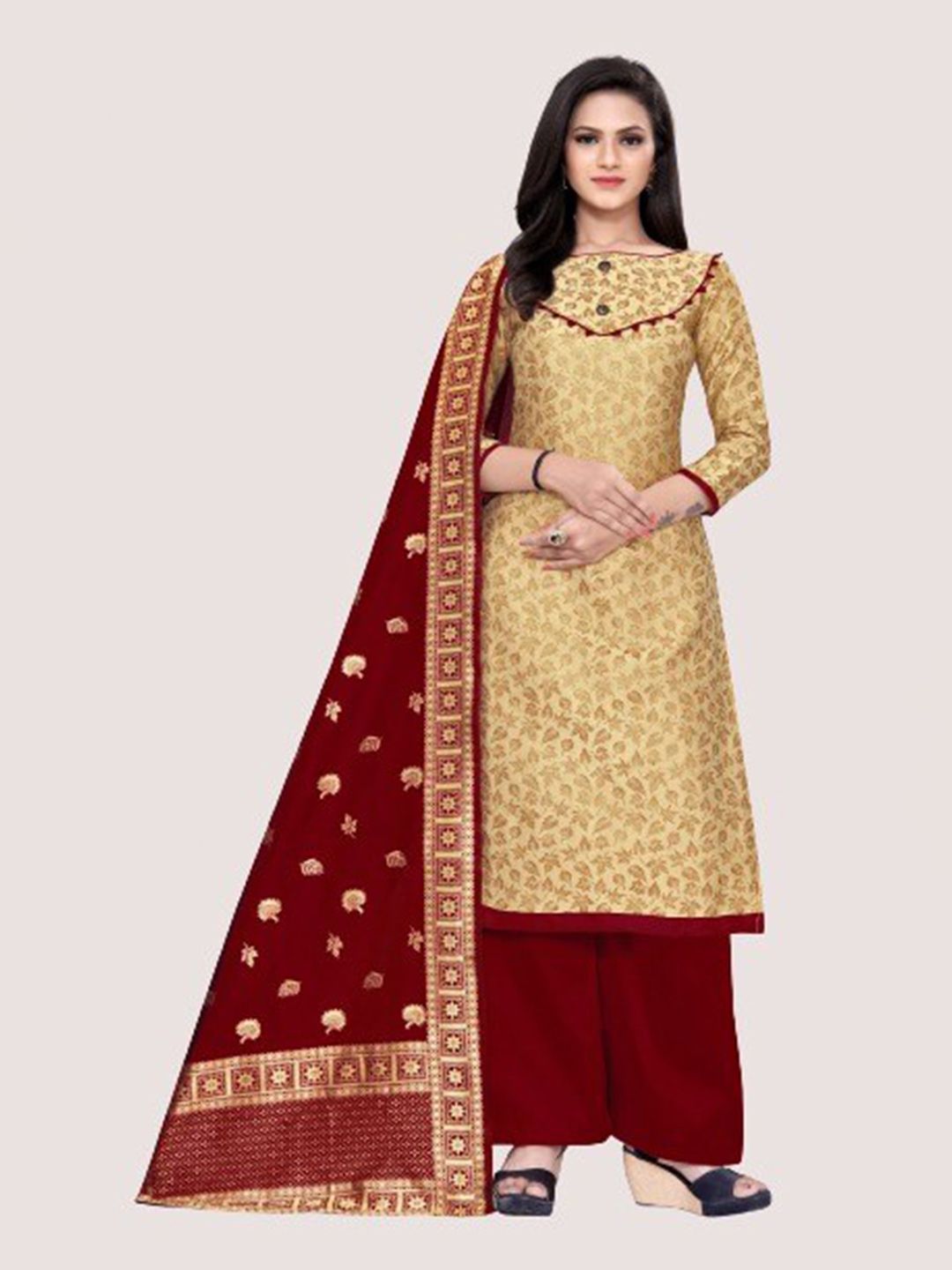 MORLY Beige & Maroon Dupion Silk Unstitched Dress Material Price in India