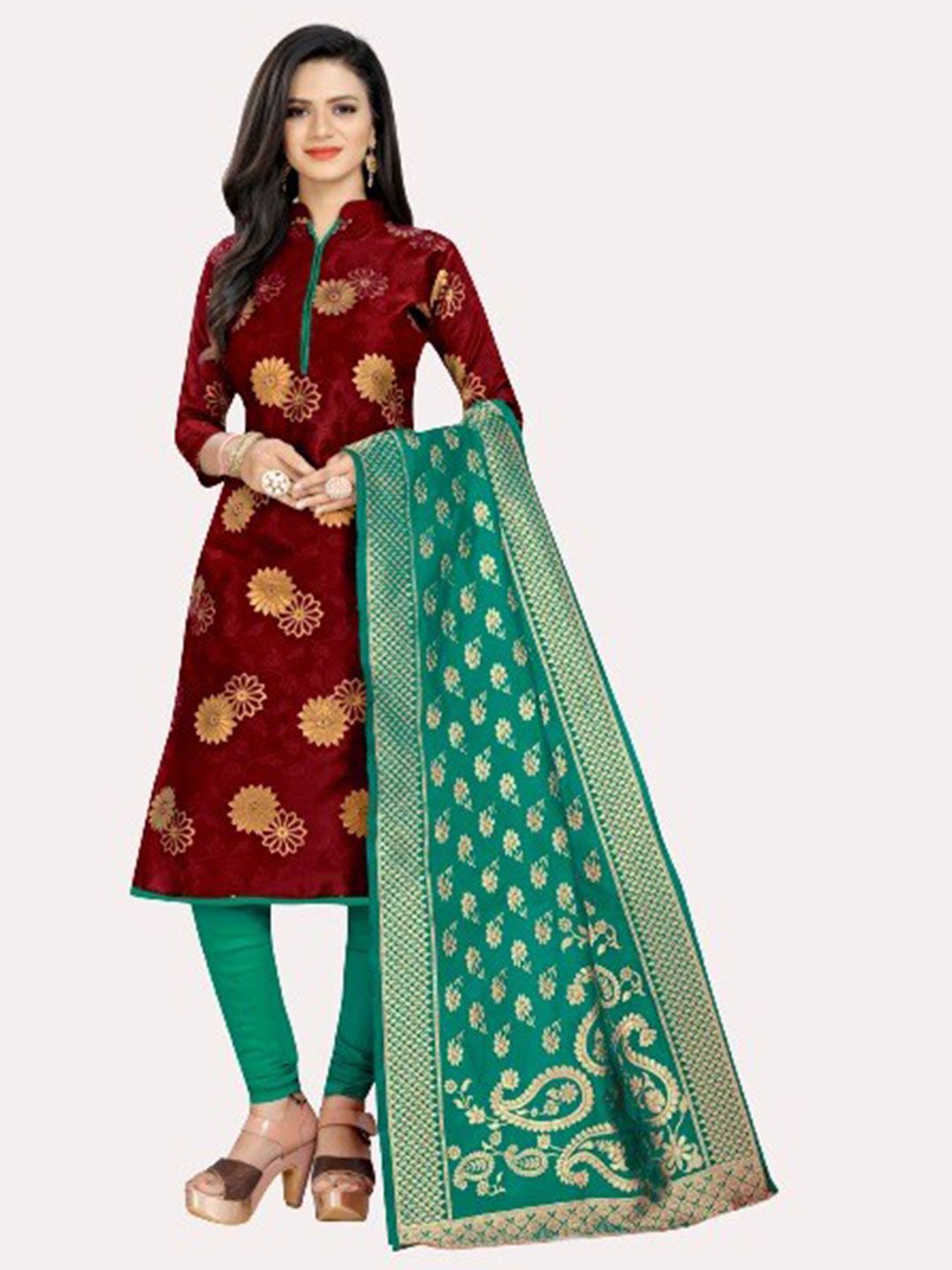 MORLY Maroon & Blue Dupion Silk Unstitched Dress Material Price in India