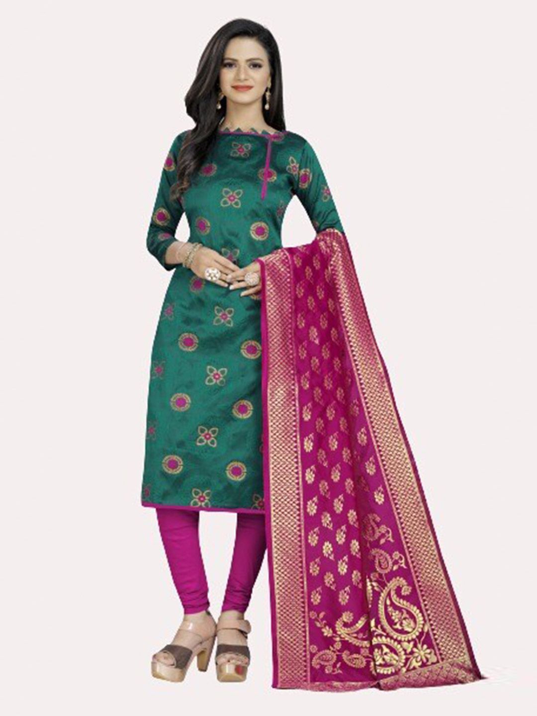 MORLY Green & Pink Dupion Silk Unstitched Dress Material Price in India