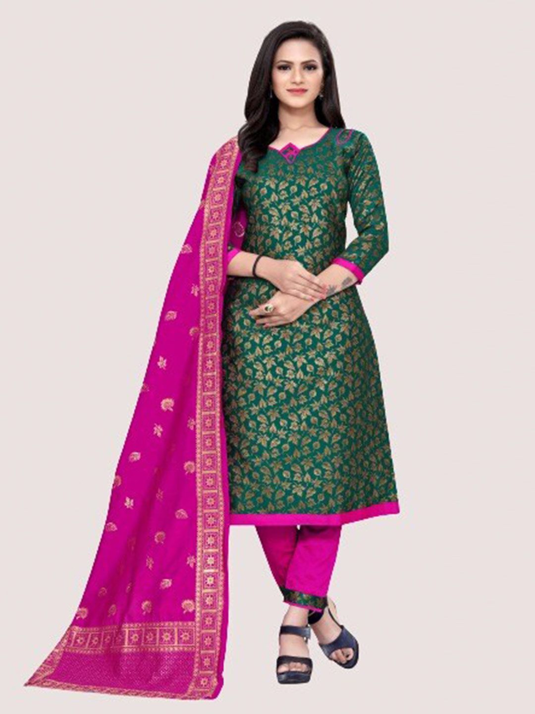 MORLY Green & Pink Dupion Silk Unstitched Dress Material Price in India