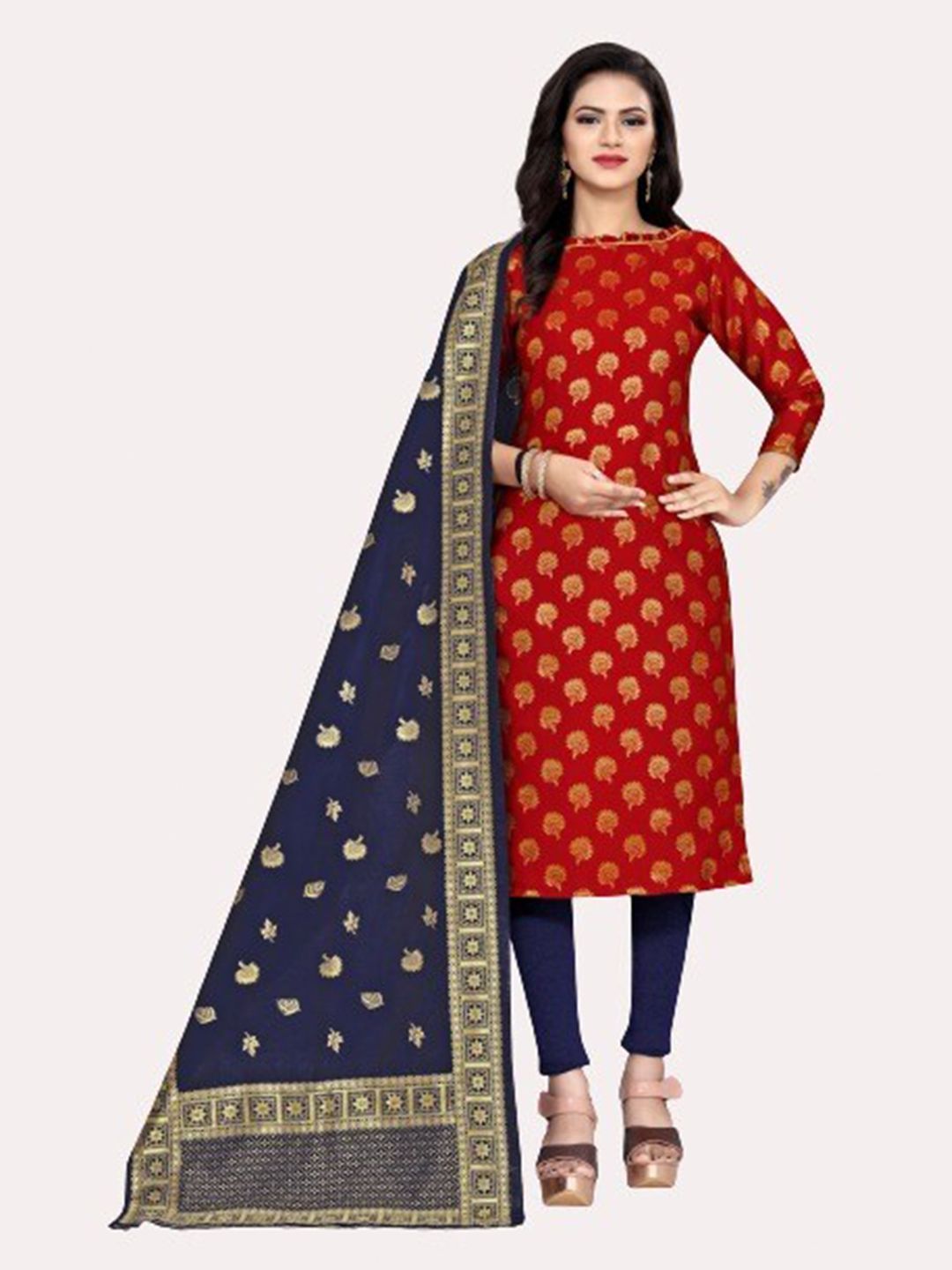 MORLY Red & Blue Dupion Silk Unstitched Dress Material Price in India