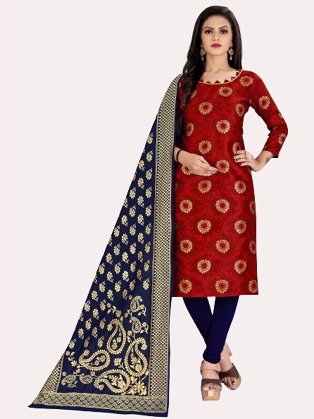 MORLY Red & Navy Blue Dupion Silk Unstitched Dress Material Price in India