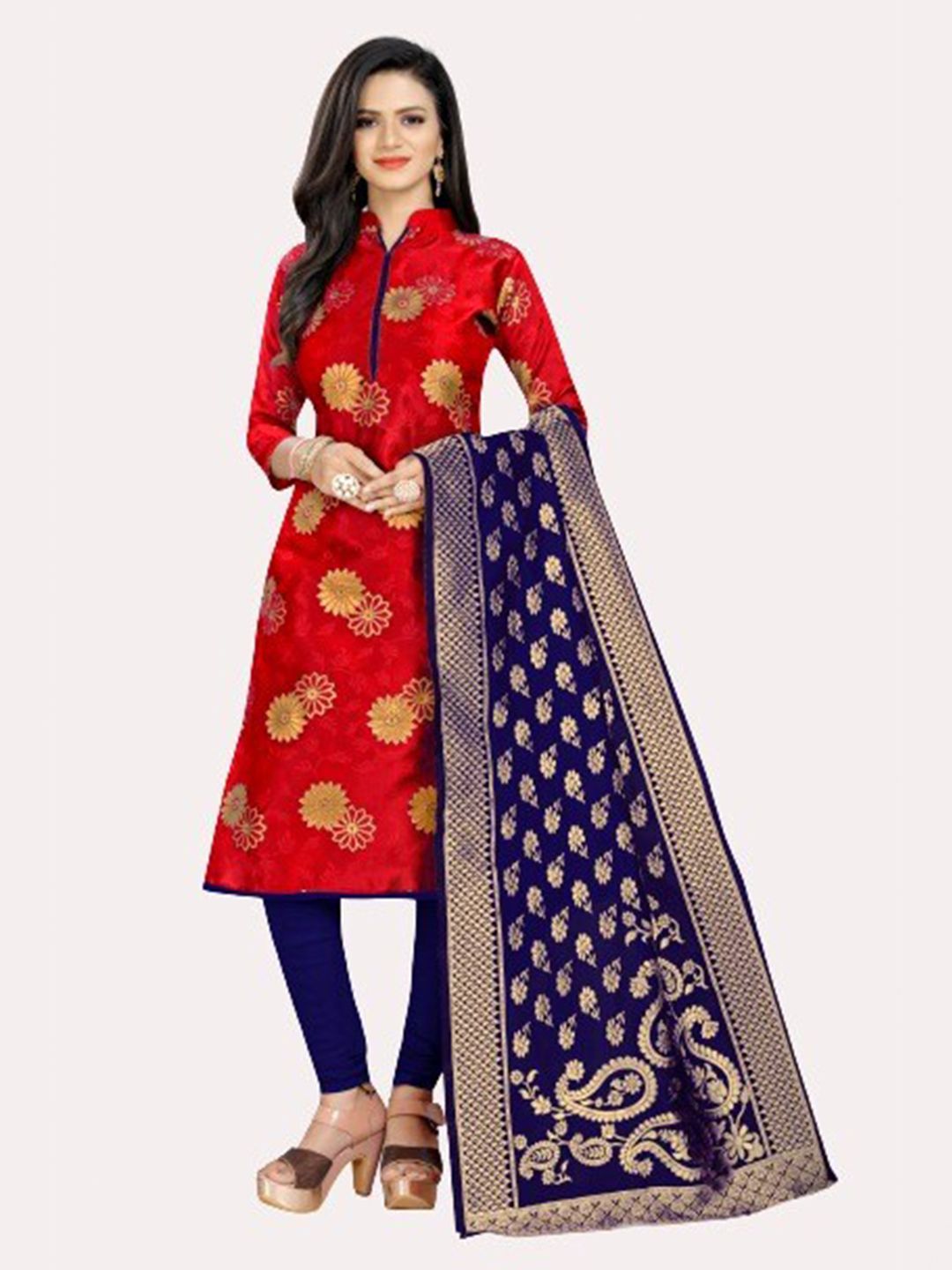 MORLY Red & Blue Dupion Silk Unstitched Dress Material Price in India