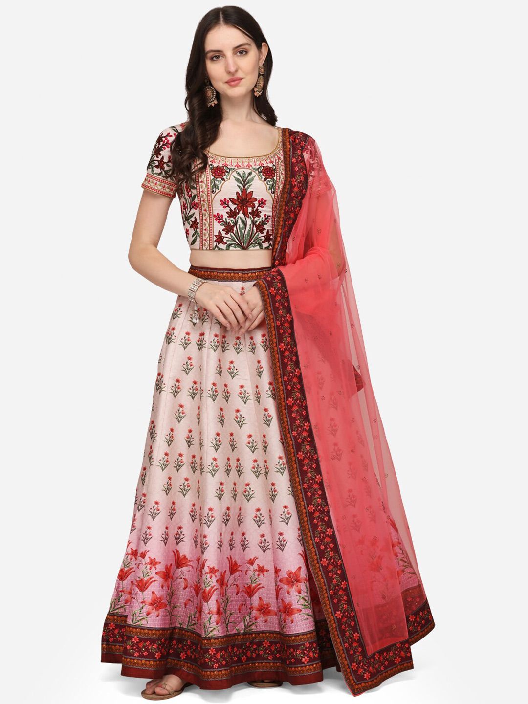 SAPTRANGI Pink & Peach-Coloured Embroidered Semi-Stitched Lehenga & Unstitched Blouse With Dupatta Price in India