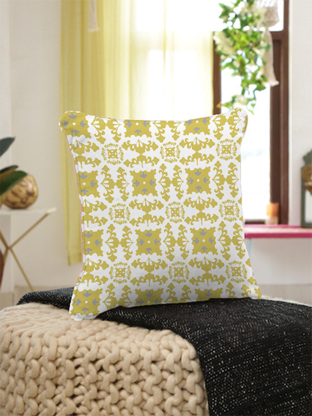 HOUZZCODE Yellow & White Abstract Square Cushion Covers Price in India