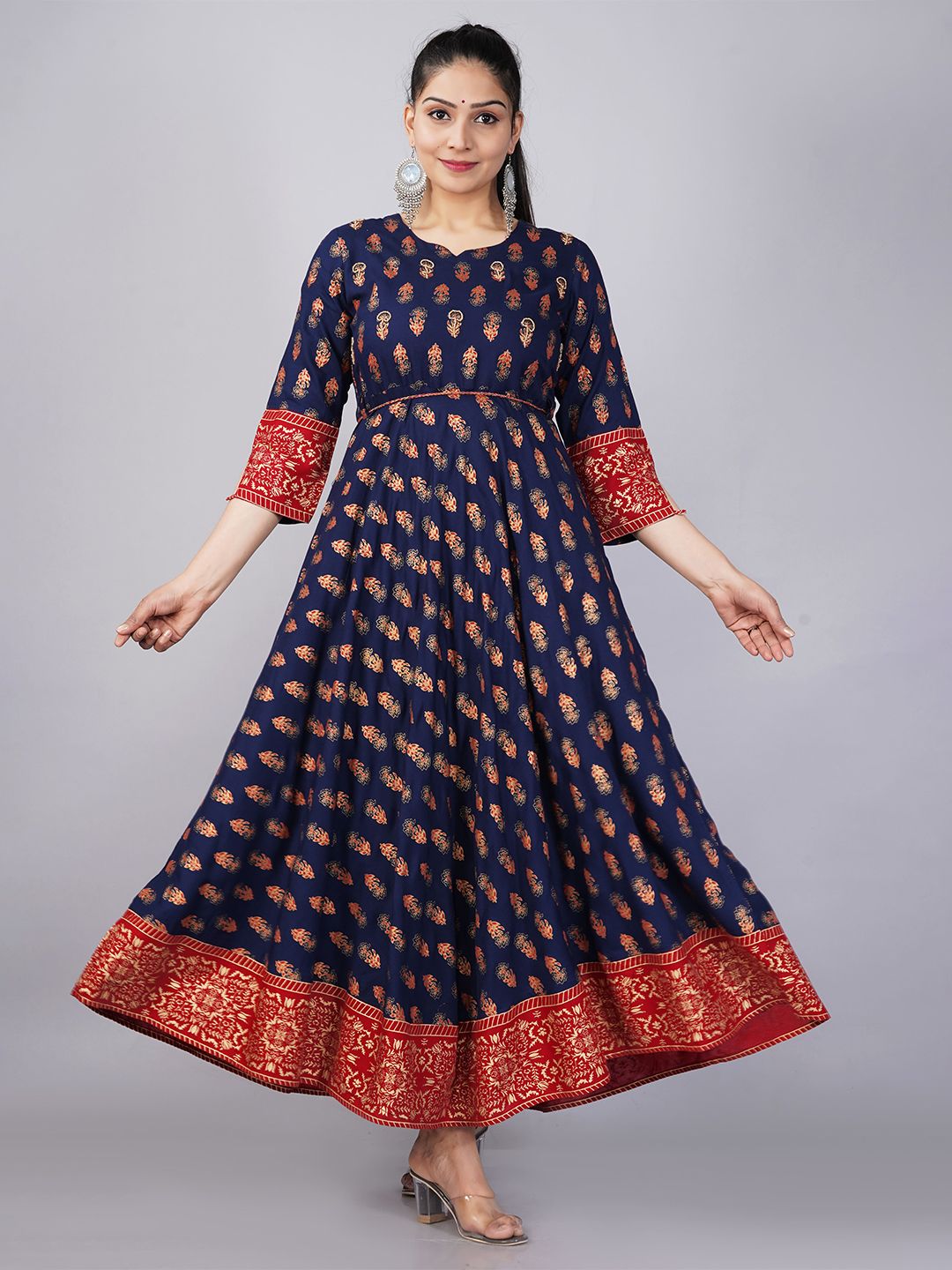 JAIPURI COLLECTION women's Navy Blue & Red Ethnic Motifs Ethnic Maxi Dress Price in India