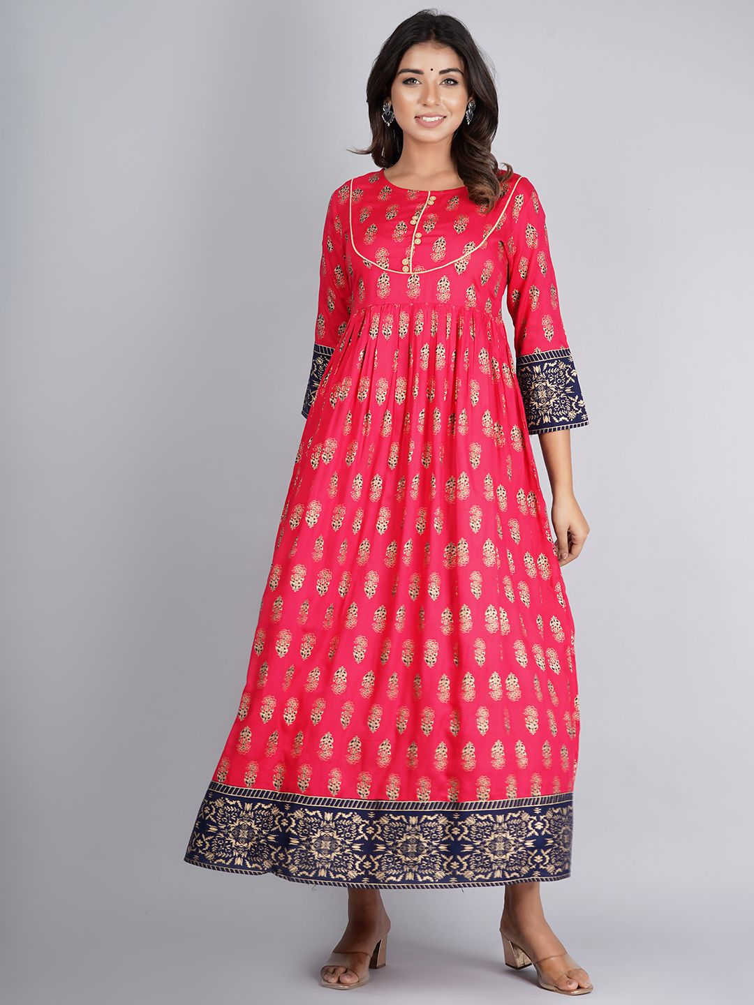 JAIPURI COLLECTION Women's Pink & Gold-Toned Floral Ethnic Maxi Dress Price in India