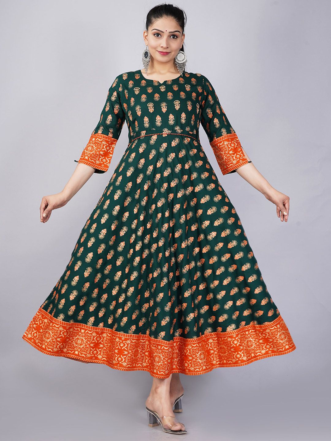 JAIPURI COLLECTION Green & Orange Ethnic Motifs Ethnic Maxi Dress Price in India