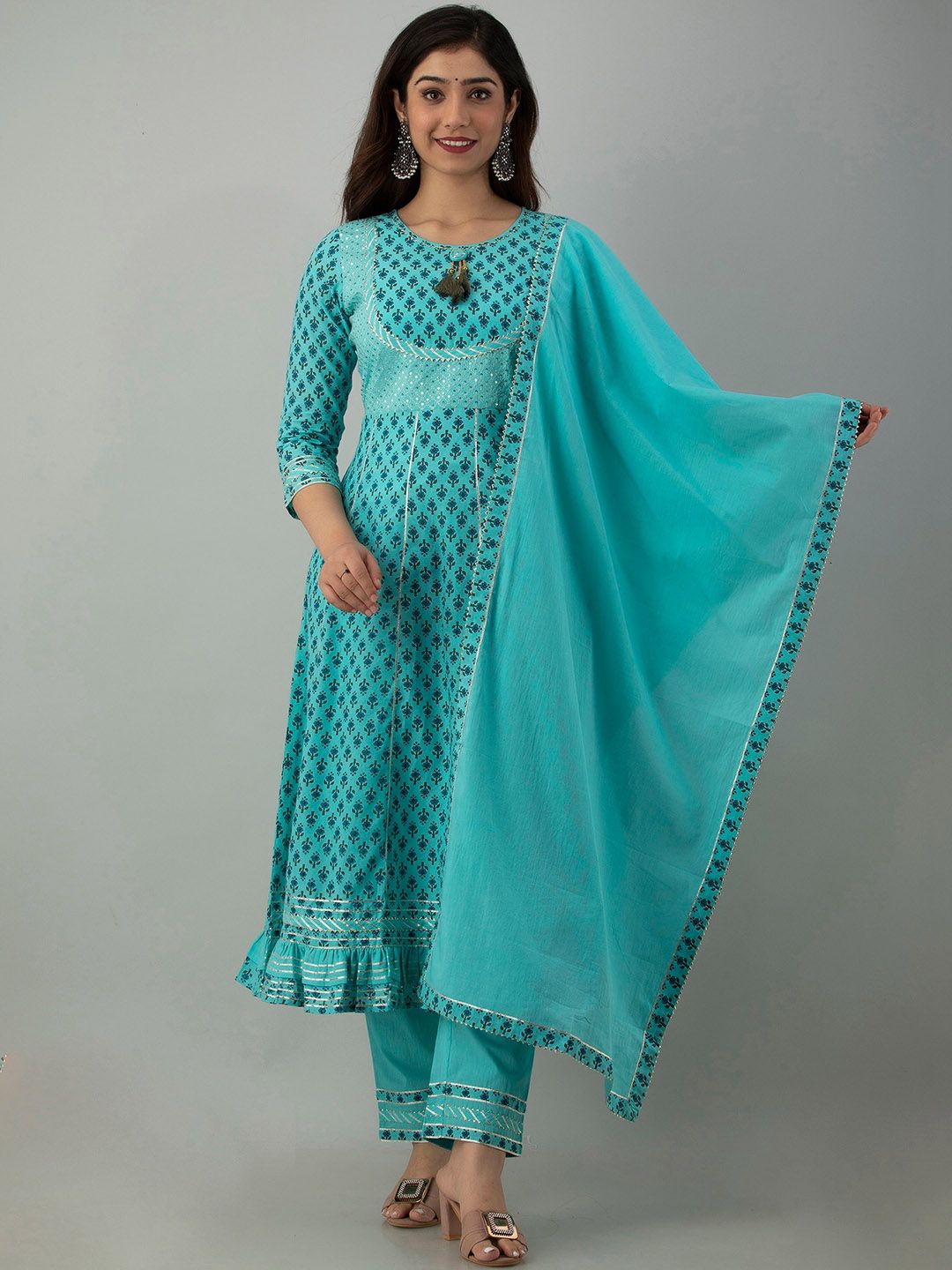 Charu Women Turquoise Blue Printed Pure Cotton Kurta with Trousers & With Dupatta Price in India