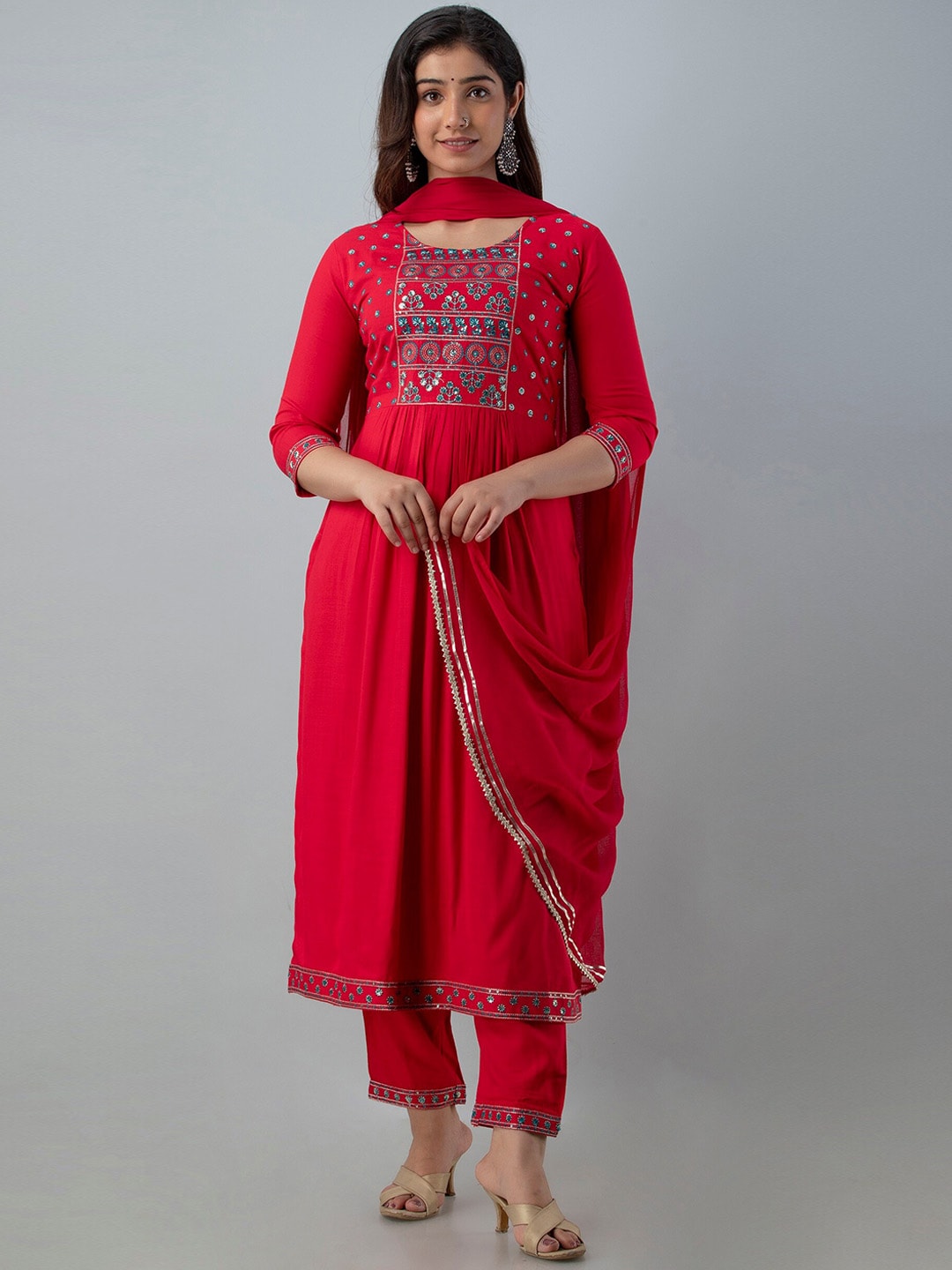 Charu Women Fuchsia Pink Ethnic Motifs Yoke Design Empire Kurta with Trousers & Dupatta Price in India
