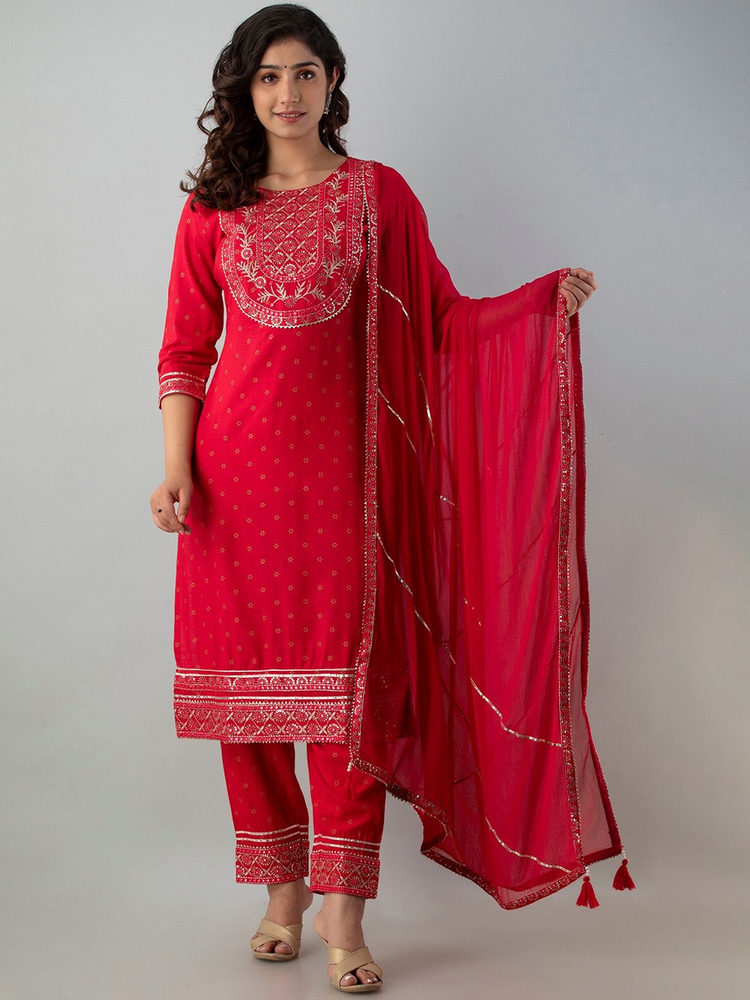 Charu Women Pink Embroidered Panelled Kurti with Trousers & With Dupatta Price in India