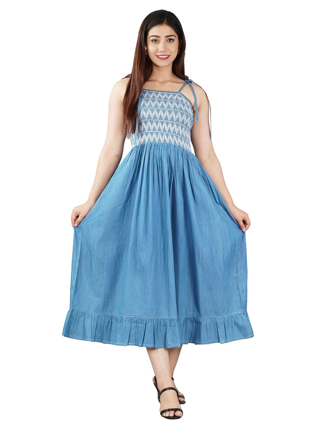 SUMAVI-FASHION Blue Linen Denim Midi Dress Price in India