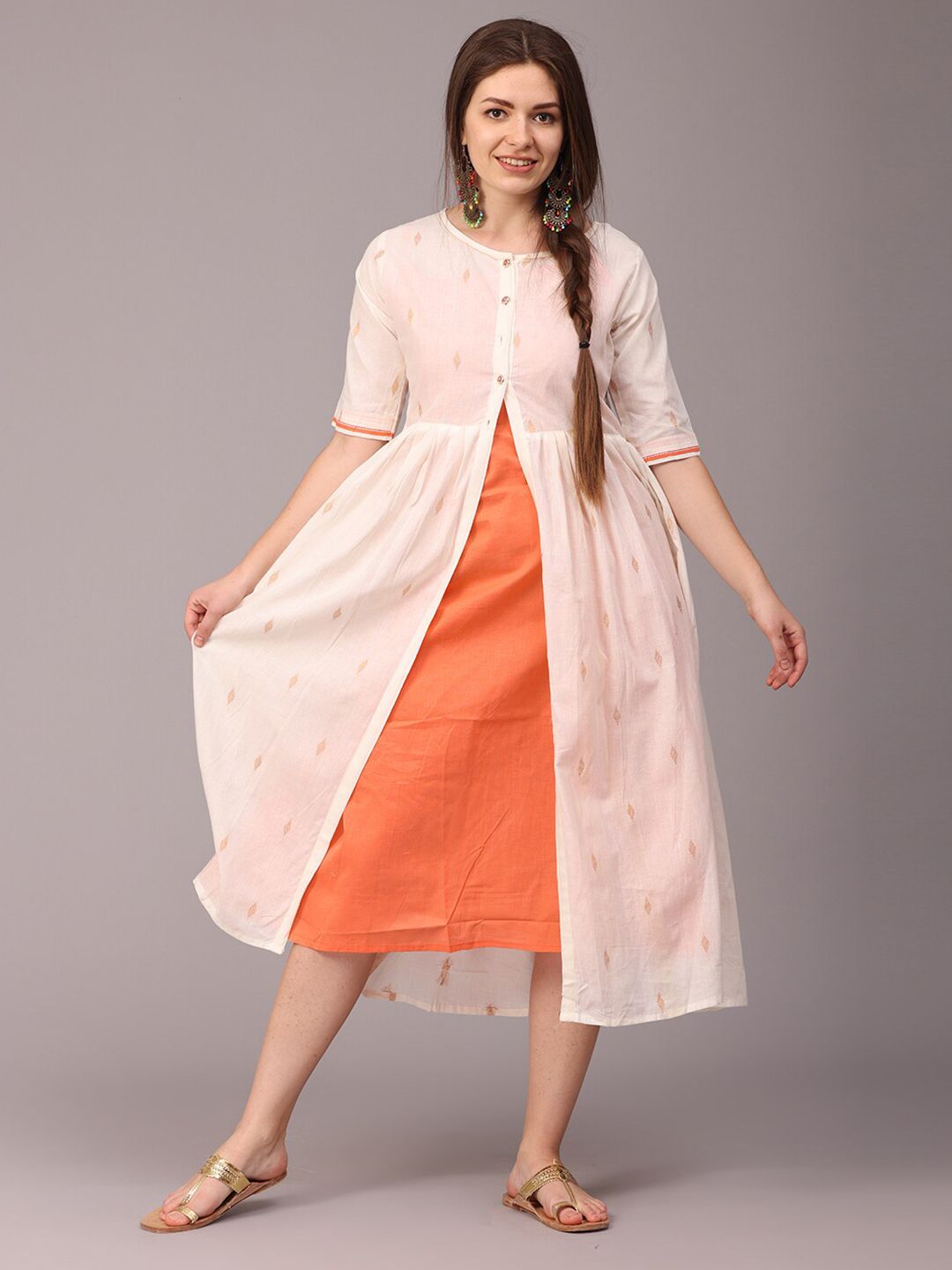 NAYRA Orange & Off White Layered Midi Dress With Jacket Style Buttoned High-Slit Top Price in India