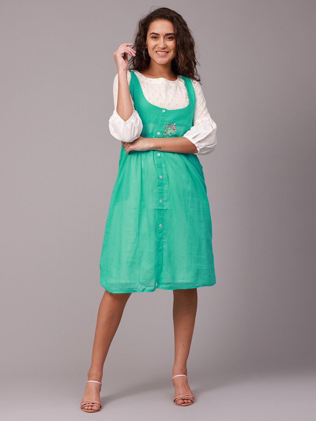 NAYRA Green Solid Pure Cotton Pinafore Dress Price in India