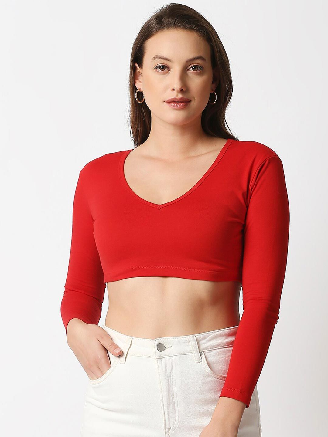 Blamblack V-Neck Long Sleeves Solid Regular Crop Top Price in India