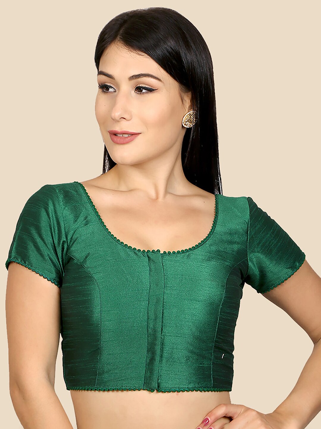neckbook Women Green Solid Princess Cut Padded Readymade Saree Blouse Price in India