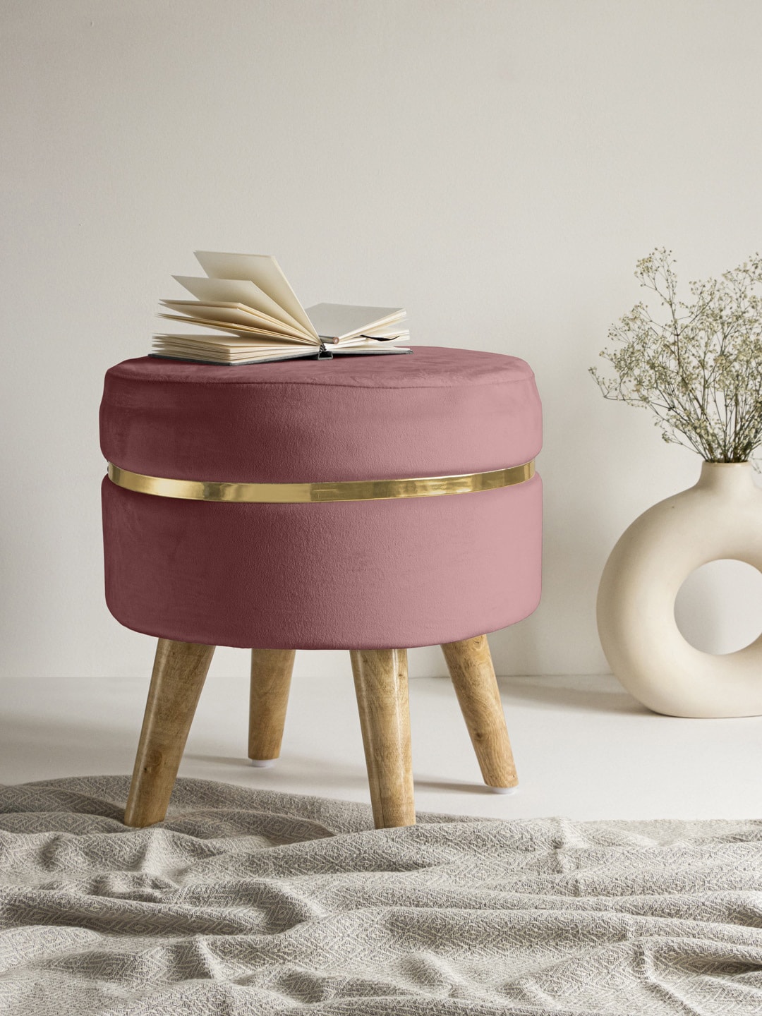 Clasiko Adults Pink & Gold-Toned Ring Solid Ottoman With Wooden Legs Price in India