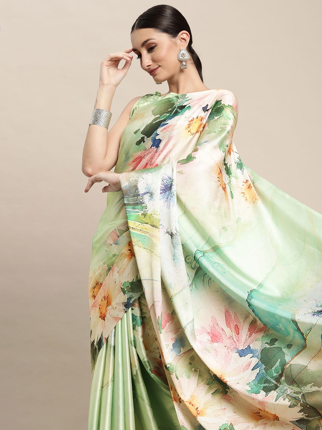 VAIRAGEE Green & Pink Floral Printed Saree Price in India
