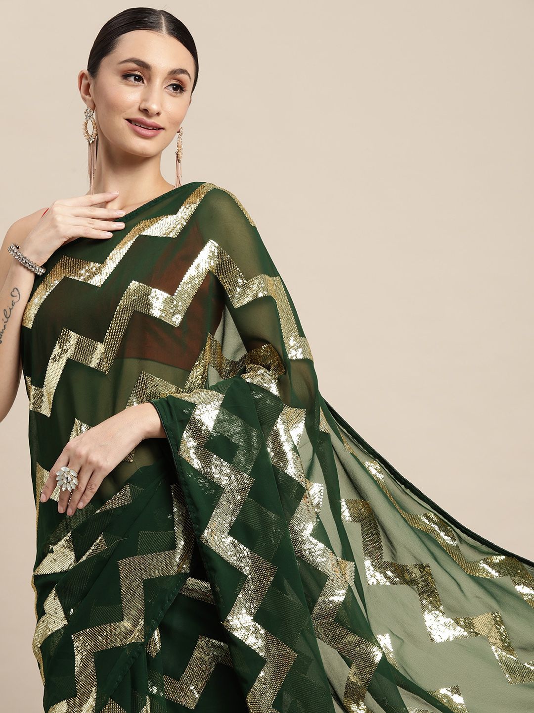 VAIRAGEE Green & Silver Geometric Embroidered Saree Price in India
