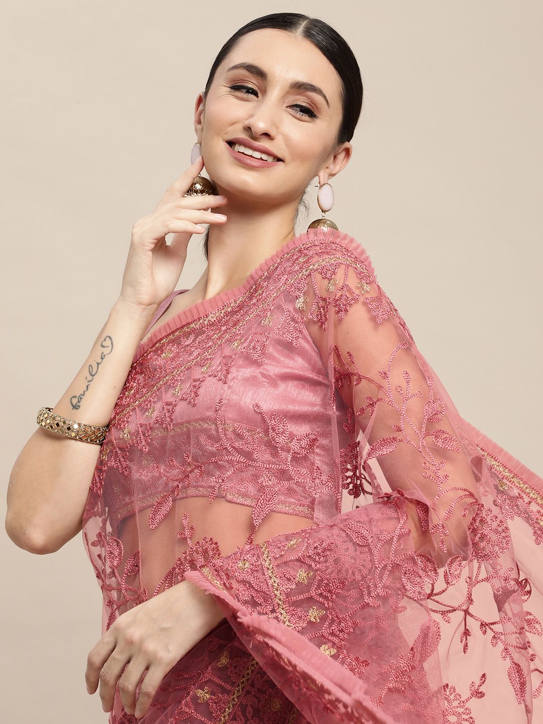 VAIRAGEE Pink Floral Embroidered Net Saree Price in India