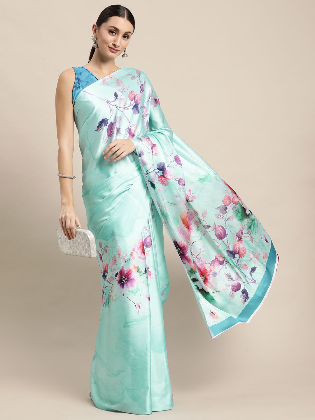 VAIRAGEE Turquoise Blue & Pink Floral Printed Saree Price in India