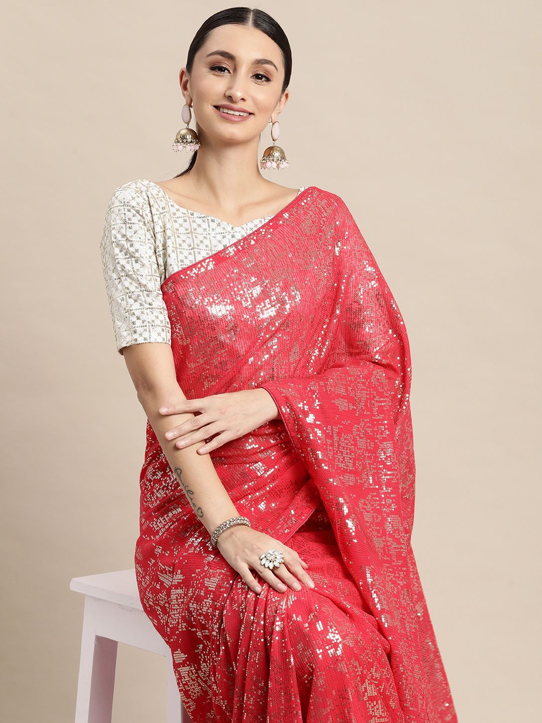 VAIRAGEE Pink Abstract Embroidered Saree Price in India