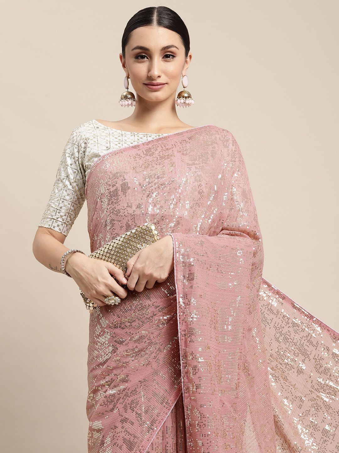 VAIRAGEE Peach-Coloured Abstract Embroidered Saree Price in India