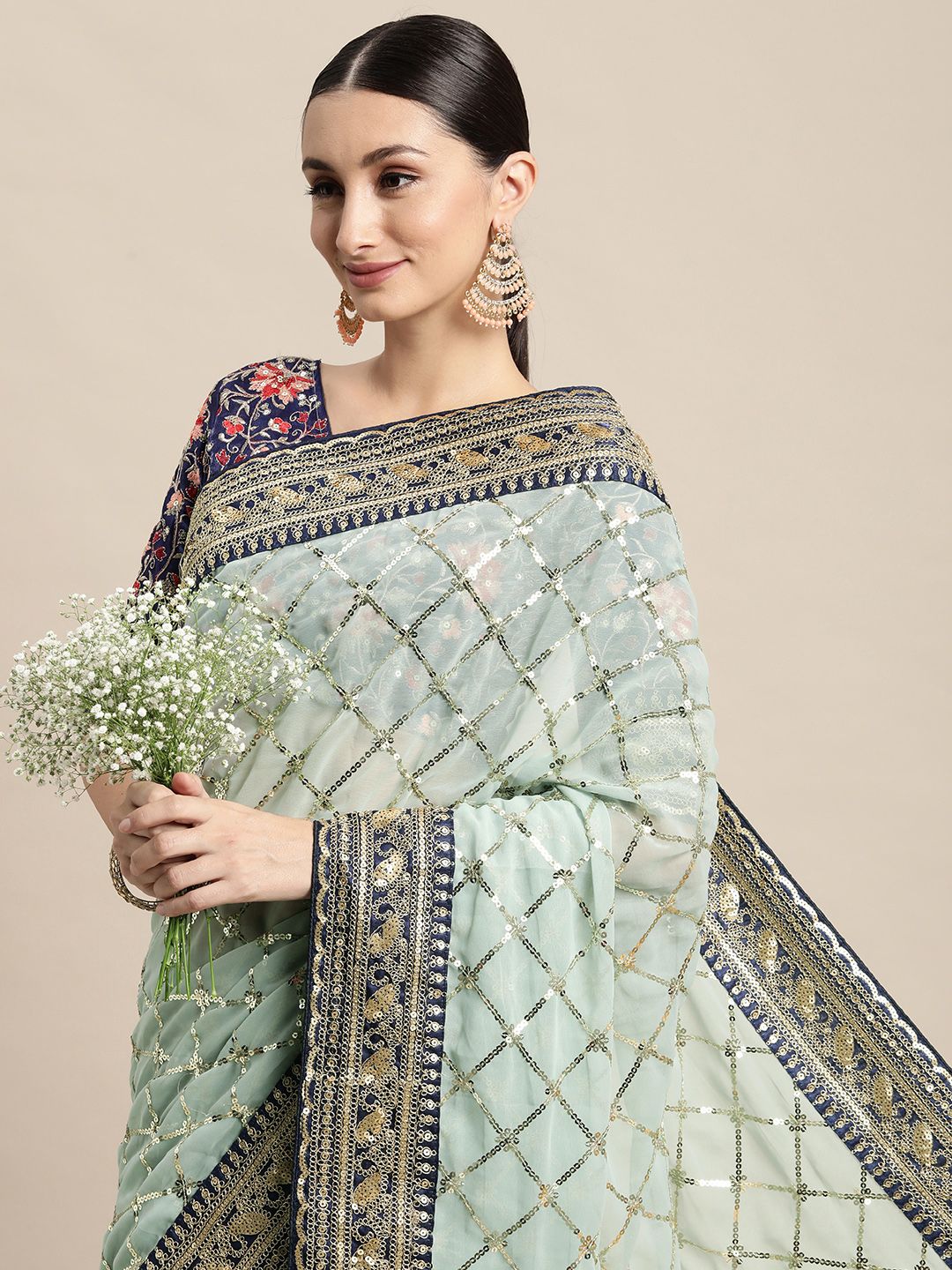 VAIRAGEE Blue Geometric Embroidered Saree Price in India