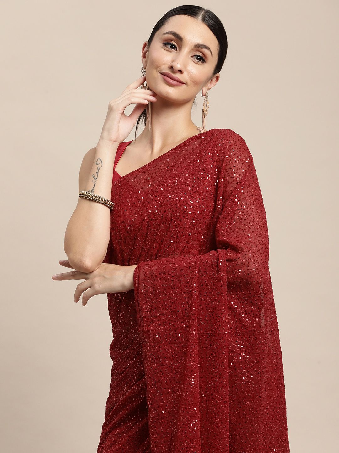 VAIRAGEE Maroon Abstract Sequinned Saree Price in India
