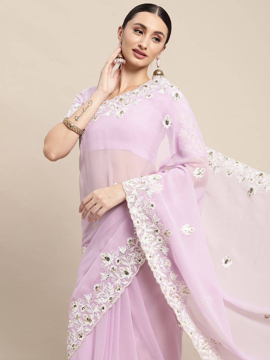 VAIRAGEE Lavender Floral Embroidered Saree Price in India