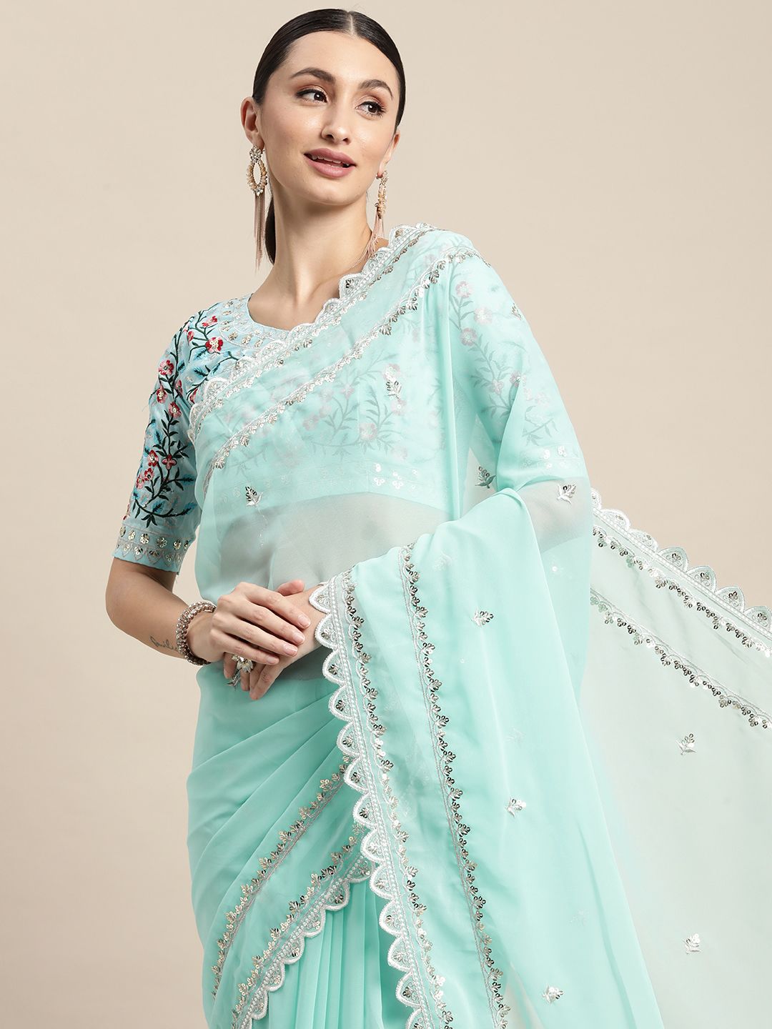 VAIRAGEE Turquoise Blue Floral Embroidered Saree Price in India