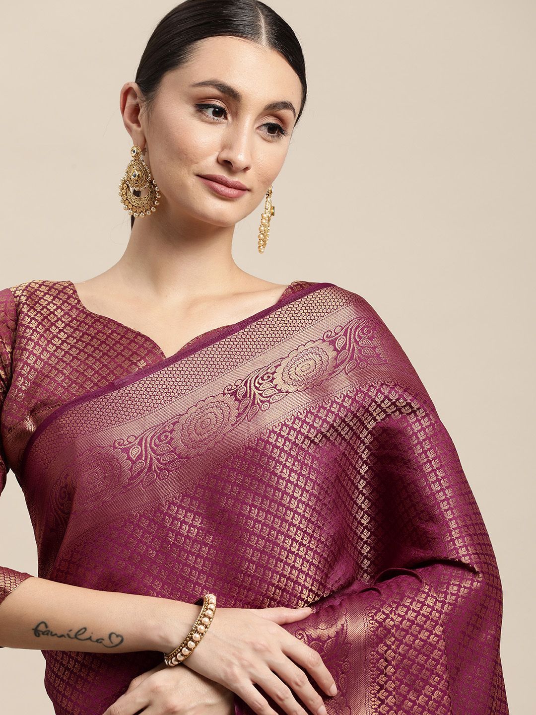 VAIRAGEE Purple & Golden Ethnic Motif Woven Pure Silk Kanjeevaram Saree Price in India
