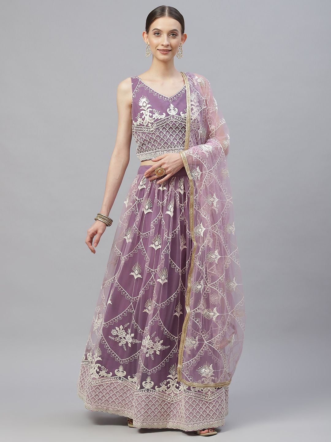 Readiprint Fashions Purple Embroidered Thread Work Semi-Stitched Lehenga & Unstitched Blouse With Dupatta