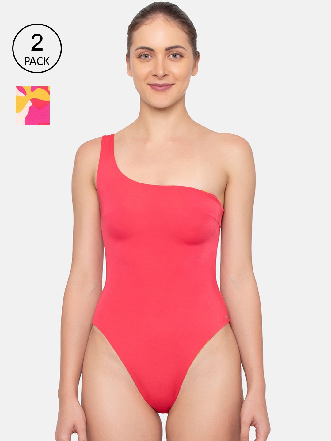 Sloggi Women Pack of 2 Pink, Yellow Flower Print Reversible & Recycled One Piece Swimwear Price in India