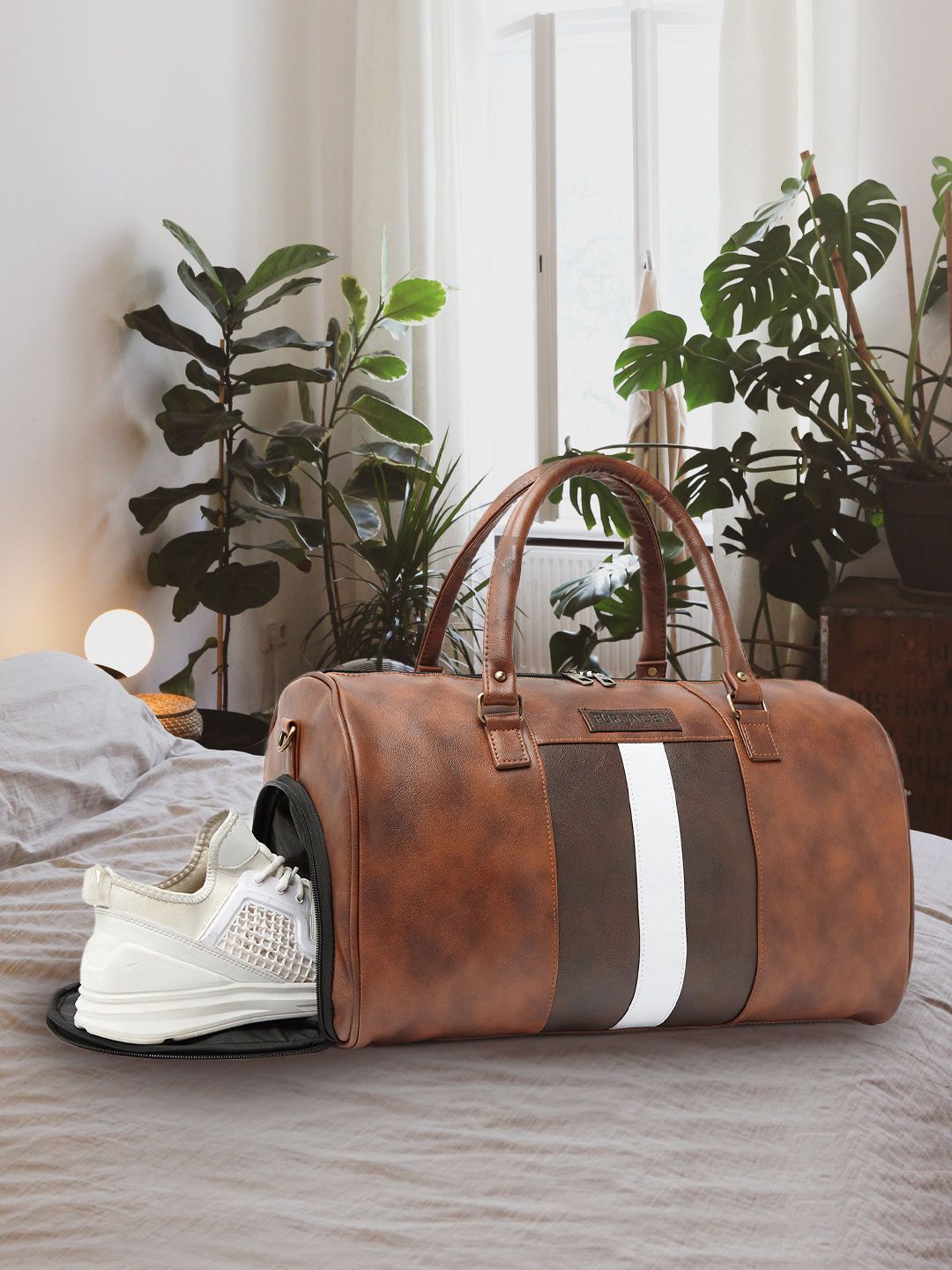 FUR JADEN Tan Solid Leather Duffle Bag