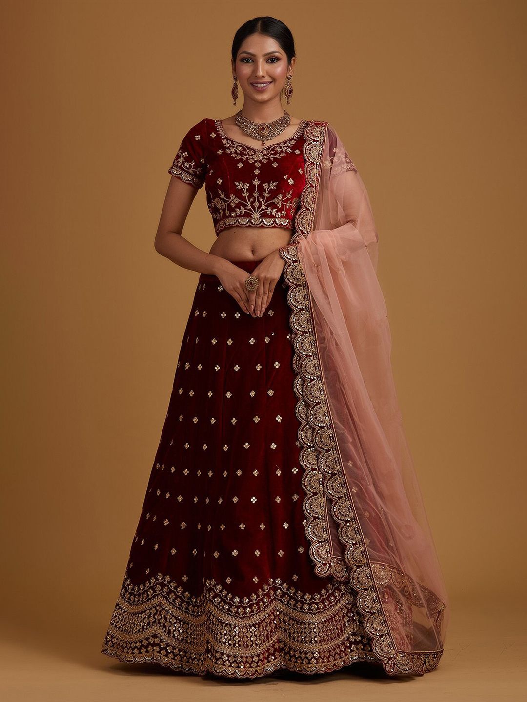 RIVAMA Maroon & Gold-Toned Embroidered Sequinned Shibori Semi-Stitched Lehenga & Blouse With Dupatta Price in India