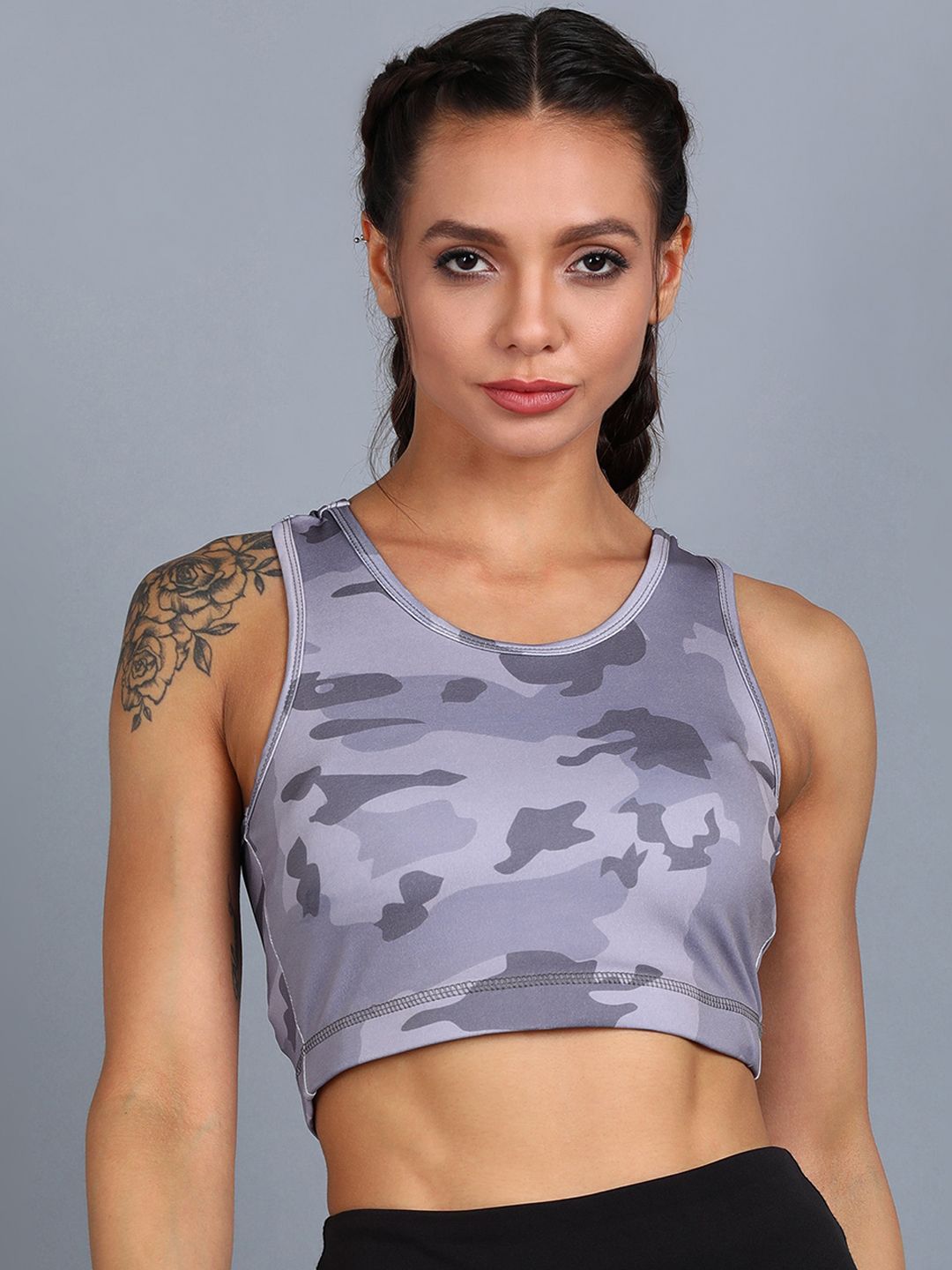 Rock Paper Scissors Women Grey Rapid-Dry Camouflage Print Crossback Sports Bra Price in India