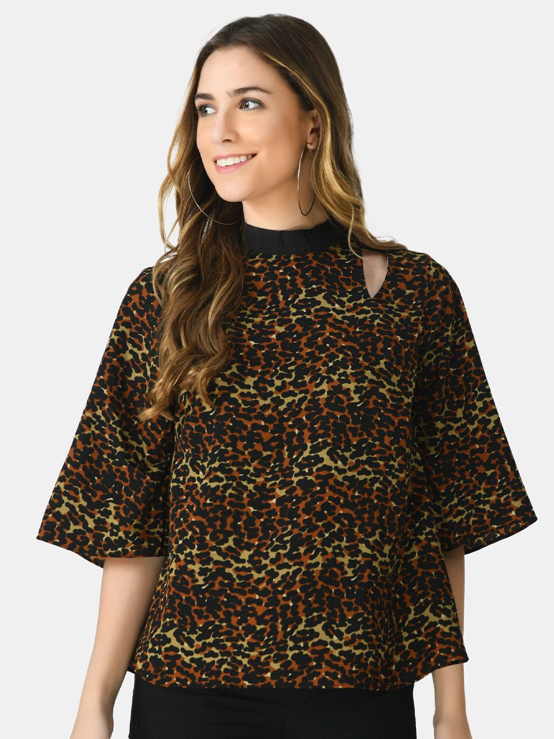 V&M Brown Kimono Sleeves Animal Print Women Brown Top