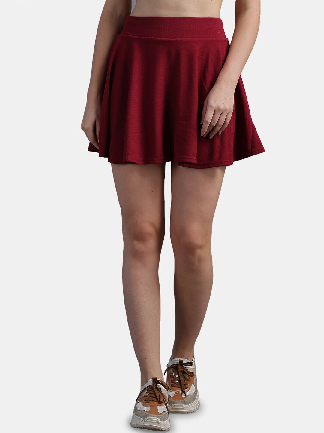 N-Gal Women Maroon Solid Skater Above Knee-Length Skirts