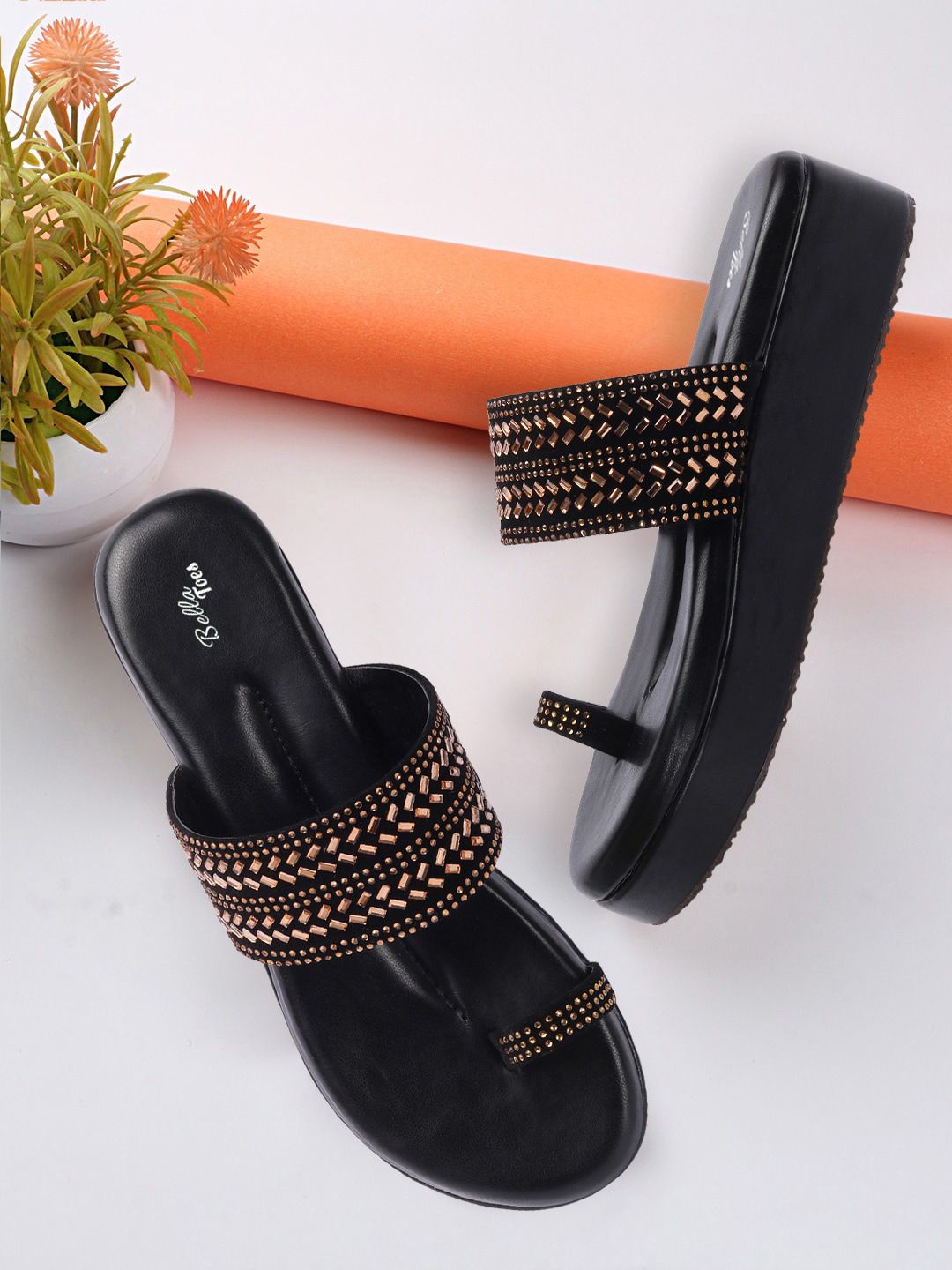 Bella Toes Black Embellished Velvet Wedge Sandals Price in India